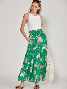Skies Are Blue Green Floral Tiered Maxi Skirt with Peach Accents Size Medium